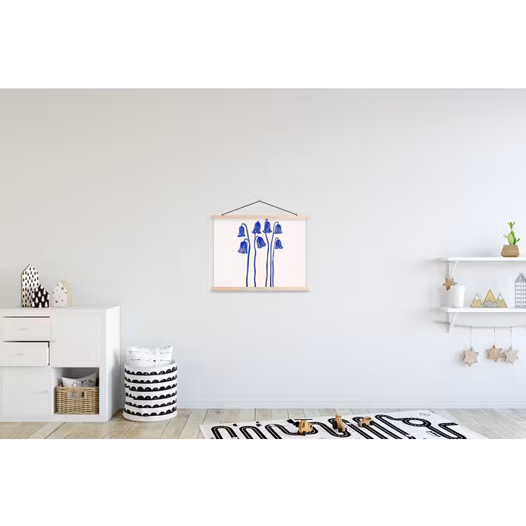 Bloemen - Blauw - Lijnen - Bloemblaadjes textielposter latten blank klein -kinderkamer