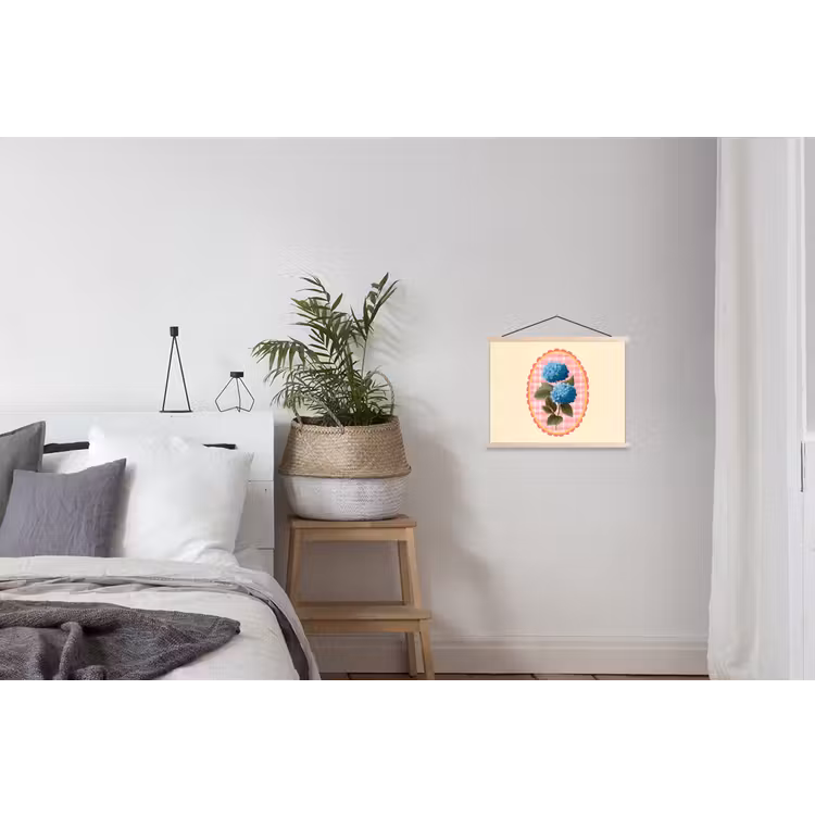 Bloemen - Blauw - Lijst - Bladeren textielposter latten blank klein -woonkamer