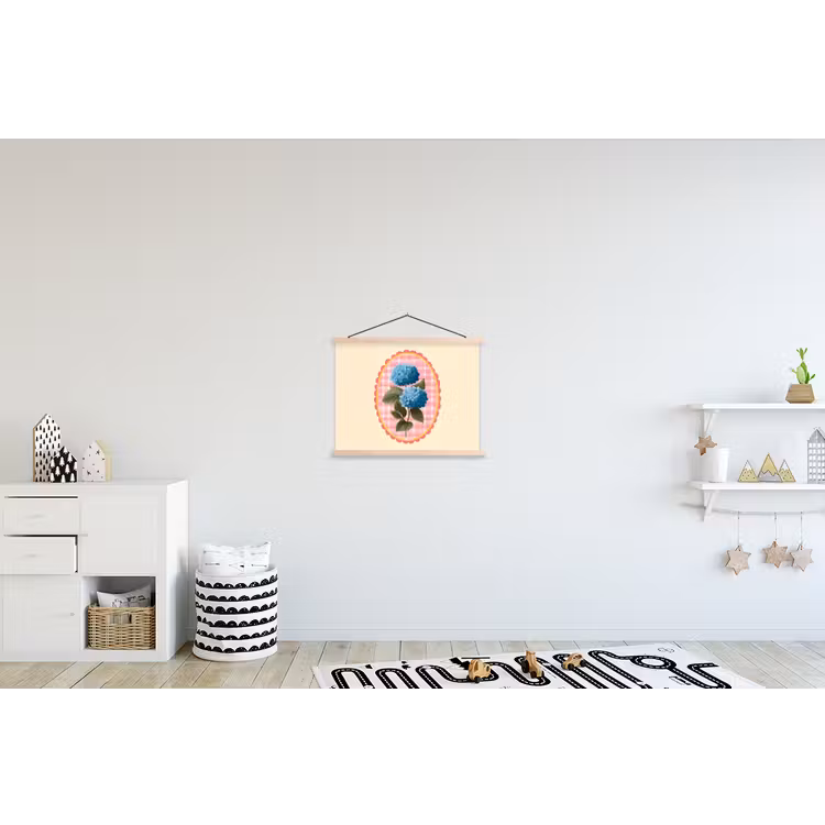 Bloemen - Blauw - Lijst - Bladeren textielposter latten blank klein -kinderkamer