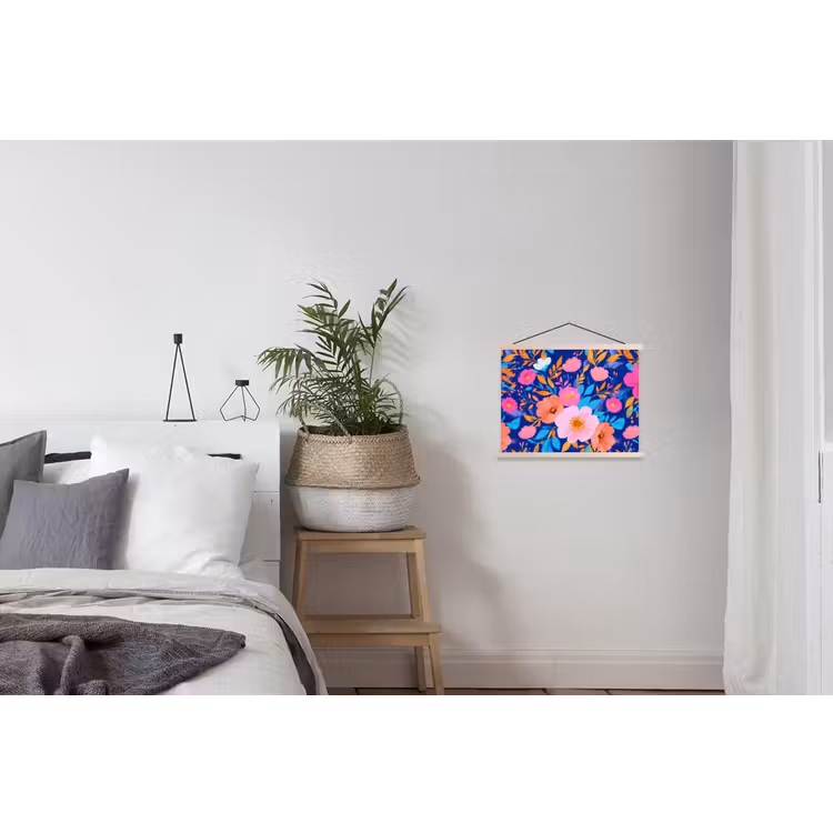 Bloemen - Blauw - Roze textielposter latten blank klein -woonkamer