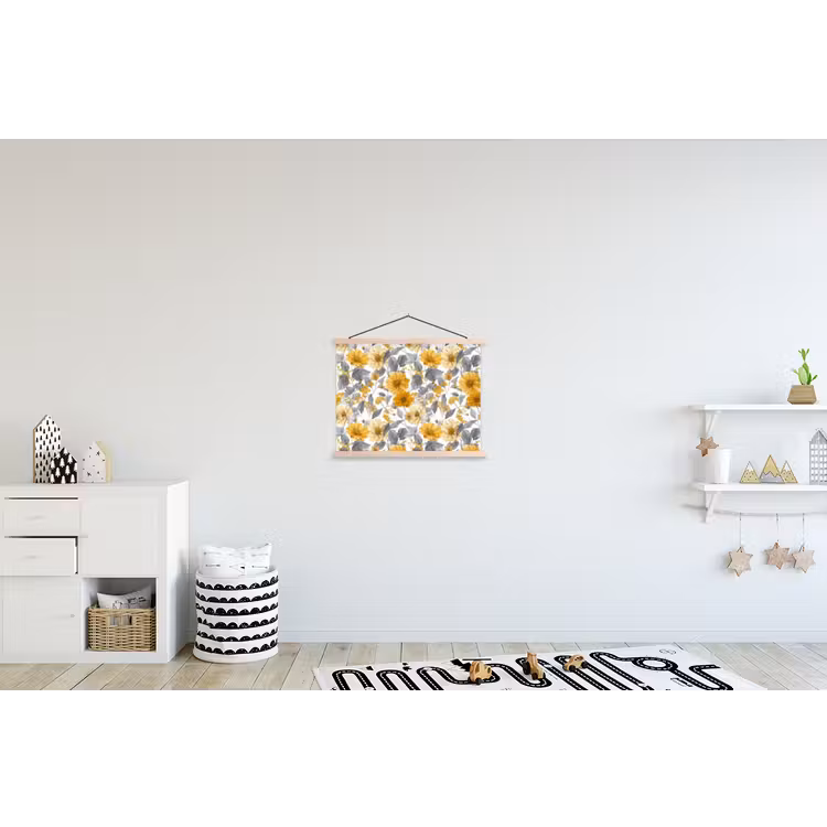 Bloemen - Botanisch - Elegant - Okergeel - Grijs textielposter latten blank klein 122 -kinderkamer