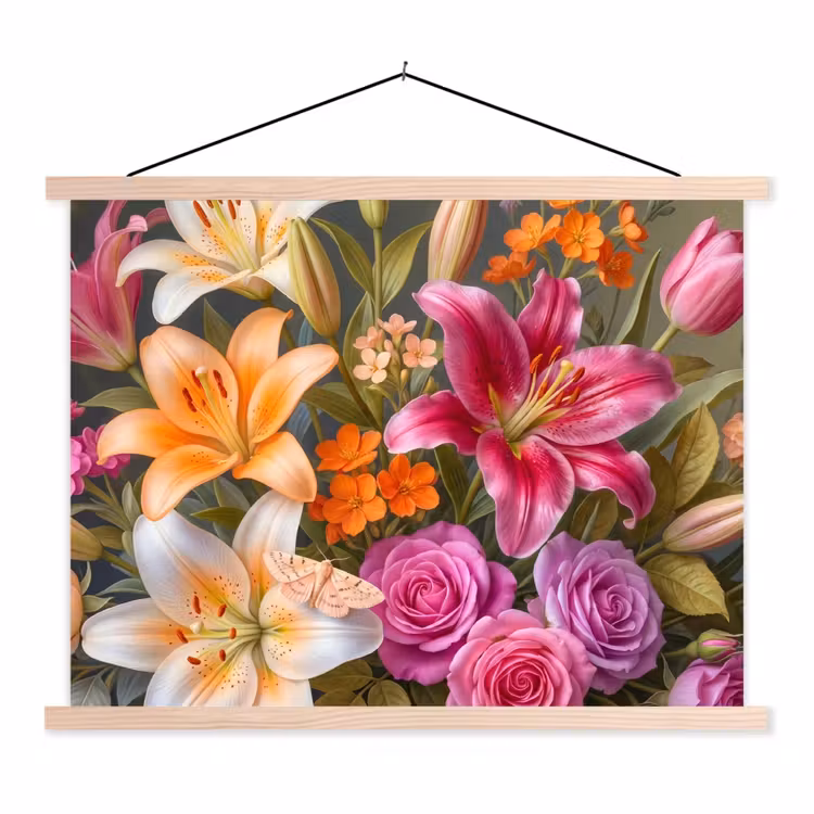 Bloemen - Boeket - Natuur - Kleurrijk - Modern textielposter latten blank klein -3d