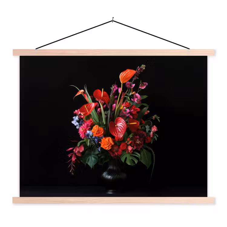 Bloemen - Boeket - Sierlijk textielposter latten blank klein -3d