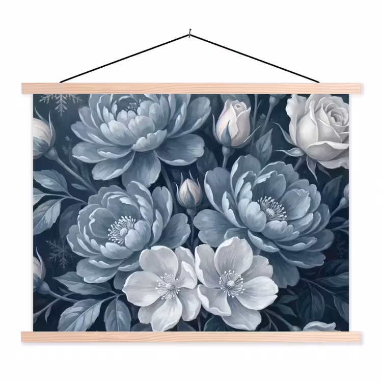 Bloemen - Boeket - Winter - Abstract - Blauw textielposter latten blank klein -3d
