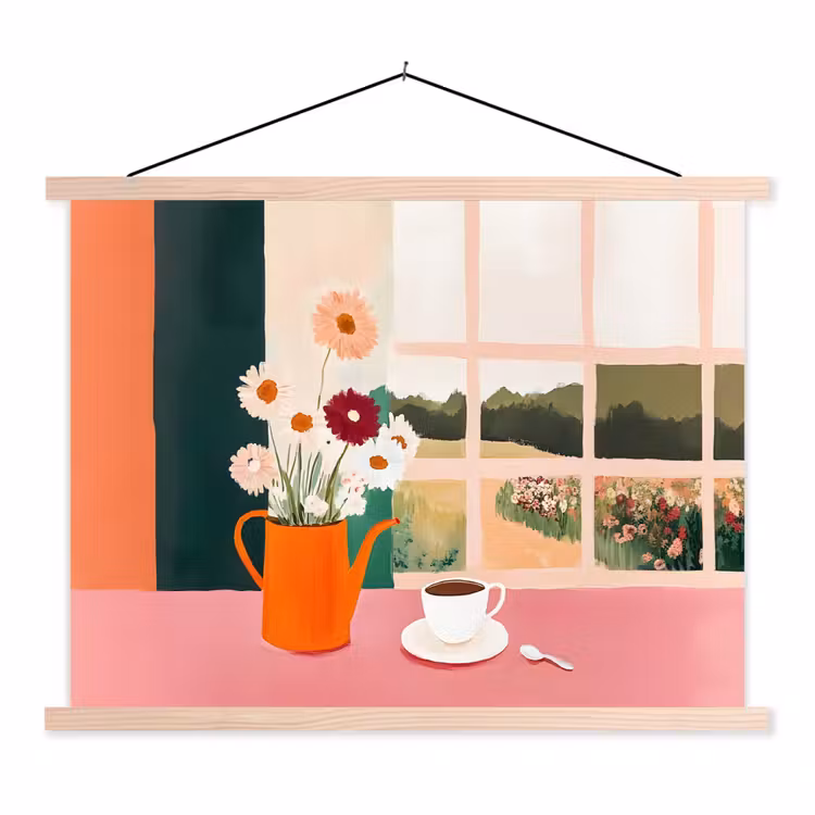 Bloemen - Koffie - Raam textielposter latten blank klein -3d