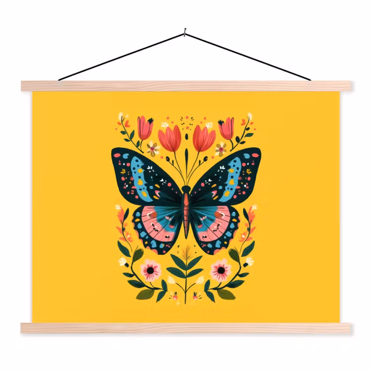 Bloemen - Kleurrijk - Vlinder - Sierlijk textielposter latten blank klein -3d