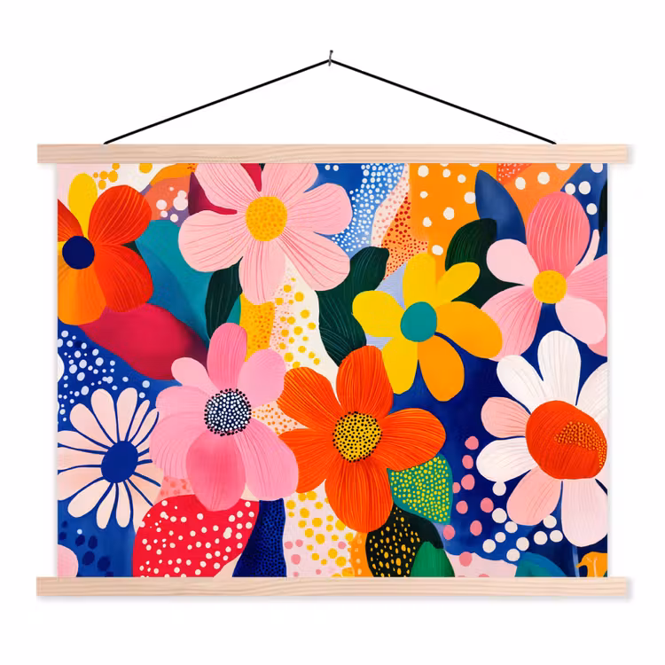 Bloemen - Kleurrijk - Stippen textielposter latten blank klein -3d