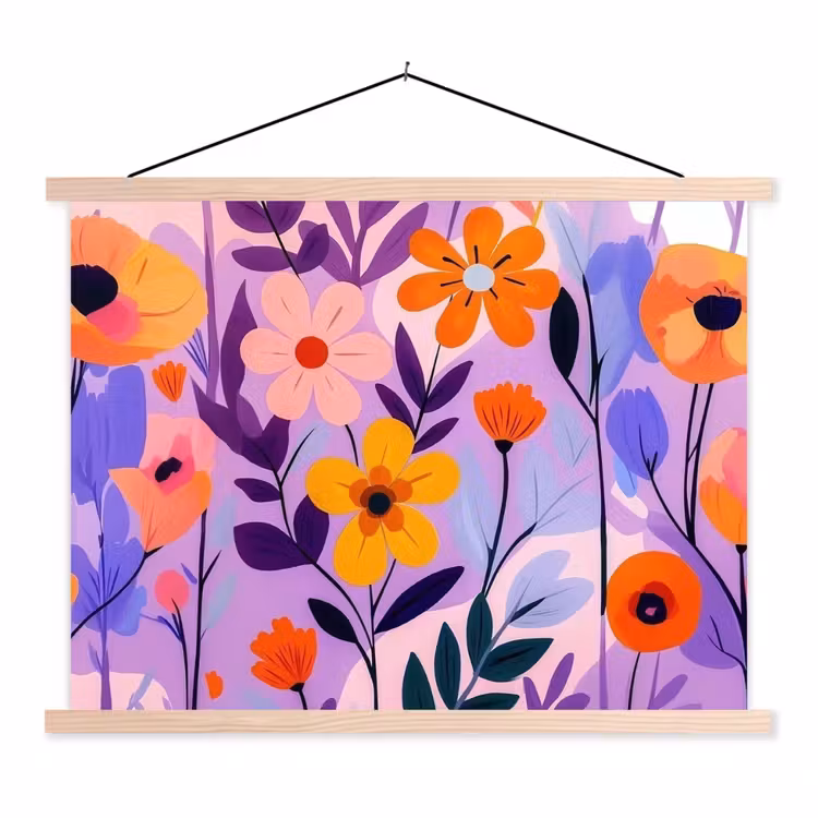 Bloemen - Kleurrijk - Bladeren textielposter latten blank klein -3d