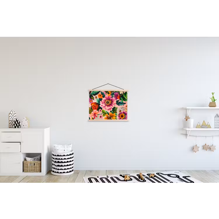Bloemen - Kleurrijk - Roze textielposter latten blank klein -kinderkamer