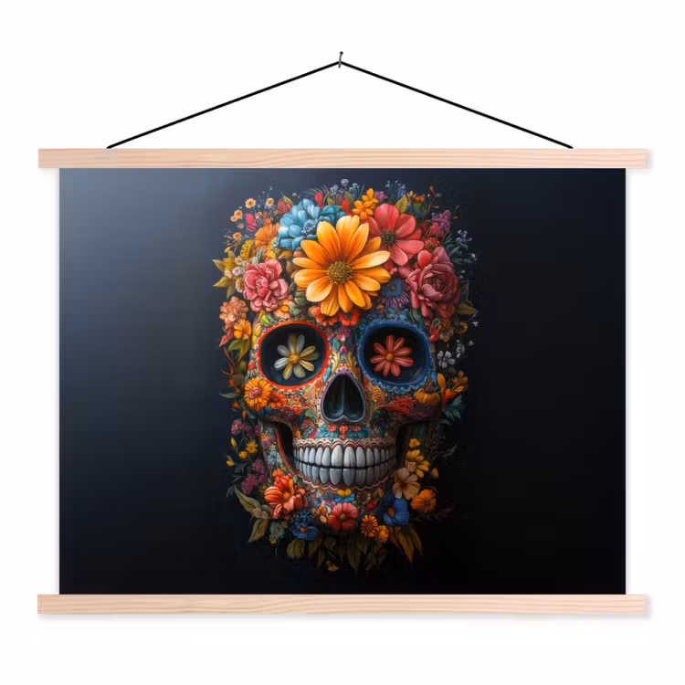 Bloemen - Kleurrijk - Schedel textielposter latten blank klein -3d