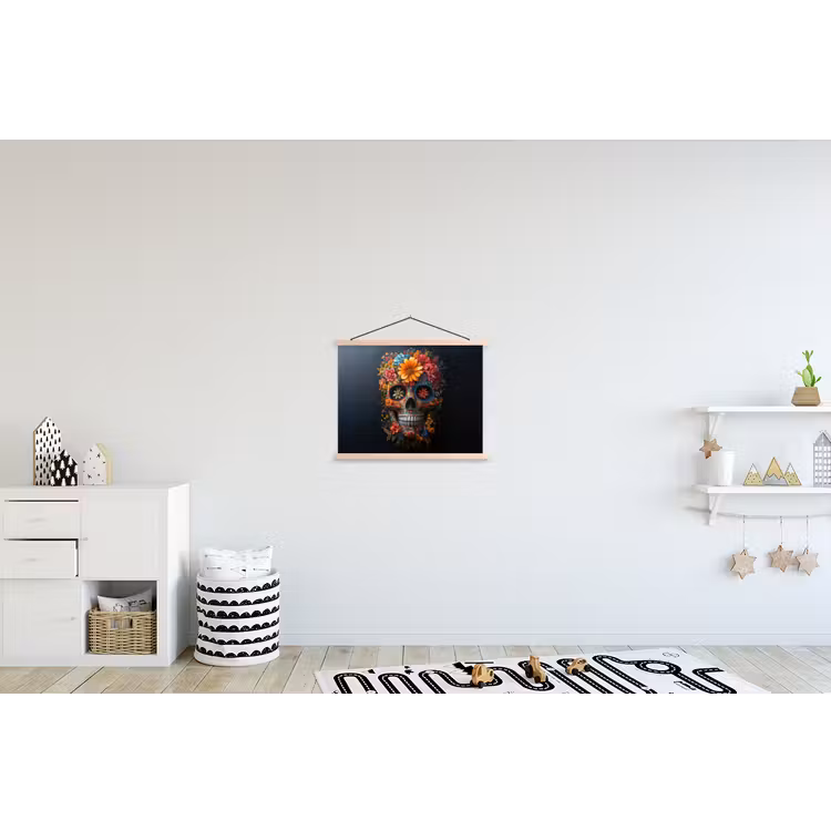 Bloemen - Kleurrijk - Schedel textielposter latten blank klein -kinderkamer