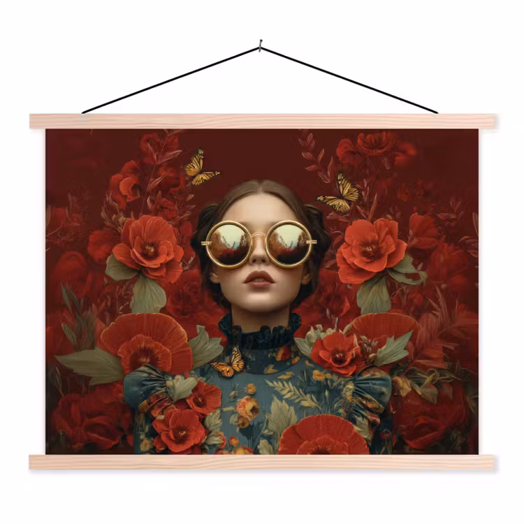 Bloemen - Dieprood - Zonnebril - Vrouw textielposter latten blank klein -3d