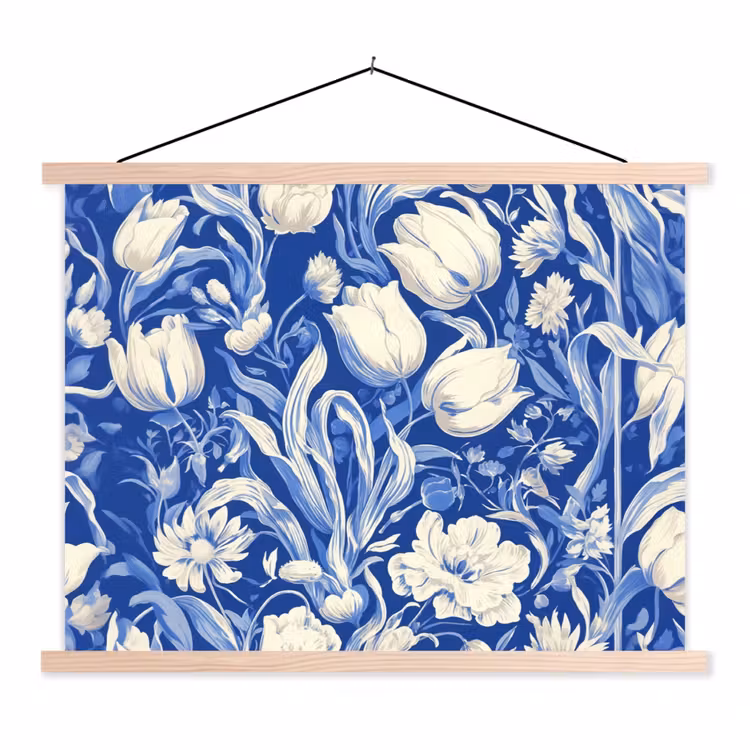 Bloemen - Delfts Blauw - Patroon - Tulp textielposter latten blank klein -3d