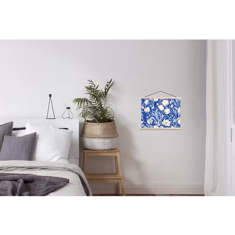Bloemen - Delfts Blauw - Patroon - Tulp textielposter latten blank klein -woonkamer