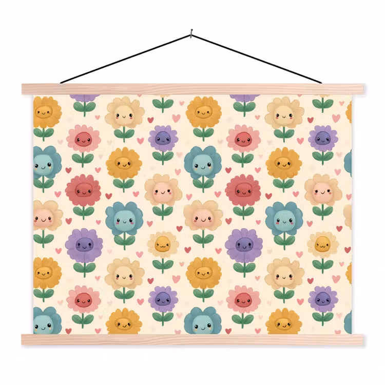 Bloemen - Hartjes - Kleurrijk textielposter latten blank klein 122 -3d