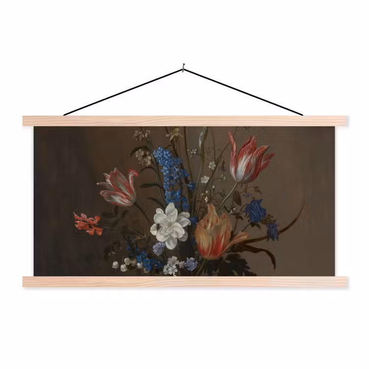 Bloemen in een Wan-Li vaas en schelpen - Schilderij van Balthasar van der Ast textielposter latten blank klein -3d