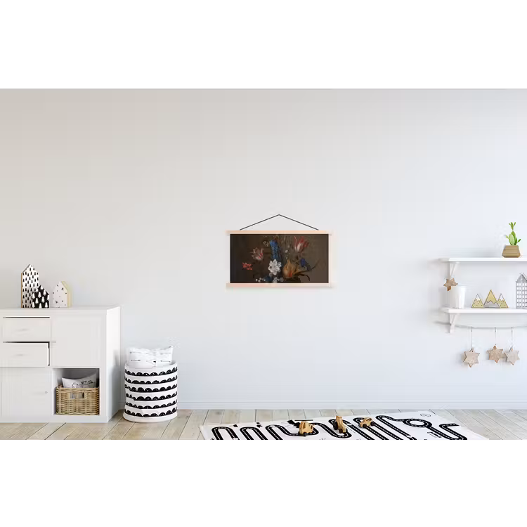 Bloemen in een Wan-Li vaas en schelpen - Schilderij van Balthasar van der Ast textielposter latten blank klein -kinderkamer
