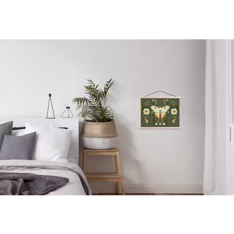 Bloemen - Bladeren - Olijfgroen - Vlinder textielposter latten blank klein -woonkamer