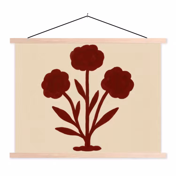 Bloemen - Bladeren - Rood - Minimalistisch textielposter latten blank klein -3d