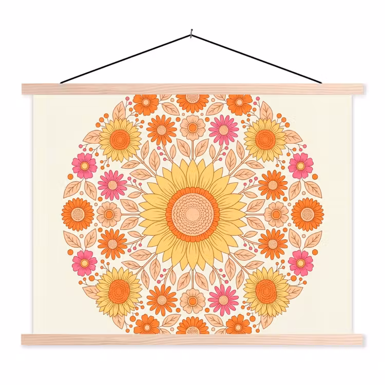 Bloemen - Mandala - Patroon - Kleurrijk textielposter latten blank klein -3d