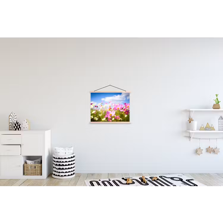 Bloemen - Wei - Paars - Gras - Wit - Wolken - Blauw textielposter latten blank klein -kinderkamer