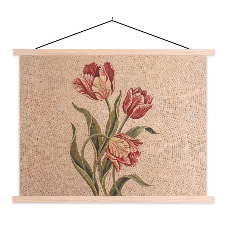 Bloemen - Mozaïek - Rood - Groen - Kunst textielposter latten blank klein -3d