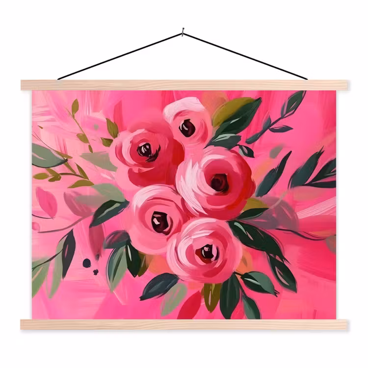 Bloemen - Verf - Roze textielposter latten blank klein -3d