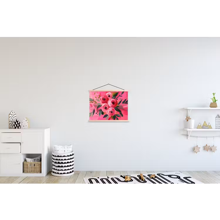 Bloemen - Verf - Roze textielposter latten blank klein -kinderkamer