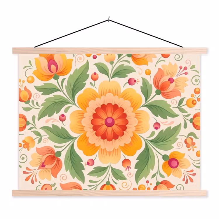 Bloemen - Patroon - Decoratief - Oranje textielposter latten blank klein -3d