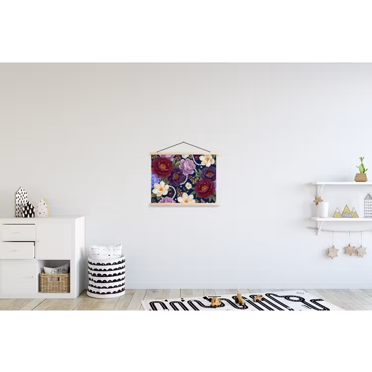 Bloemen - Parels - Decoratie - Modern - Blauw textielposter latten blank klein -kinderkamer