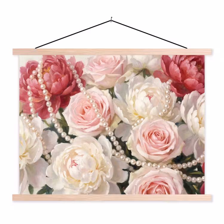 Bloemen - Parels - Romantiek - Klassiek - Roze textielposter latten blank klein -3d
