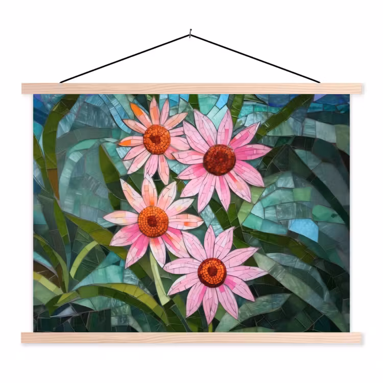 Bloemen - Roze - Glasmozaïek textielposter latten blank klein -3d
