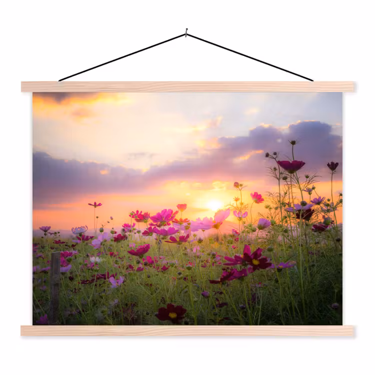 Bloemen - Roze - Zonsondergang - Natuur - Weide - Horizon textielposter latten blank klein -3d