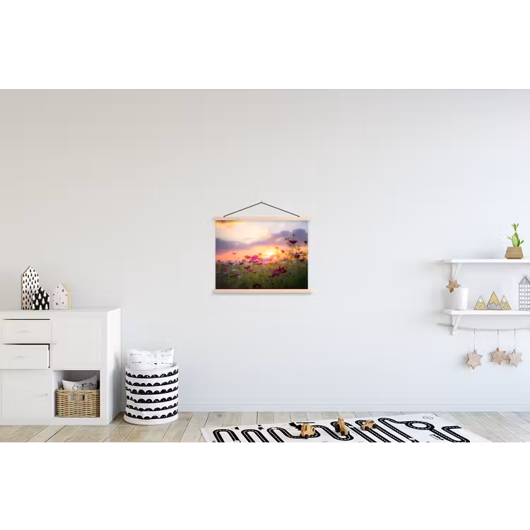 Bloemen - Roze - Zonsondergang - Natuur - Weide - Horizon textielposter latten blank klein -kinderkamer