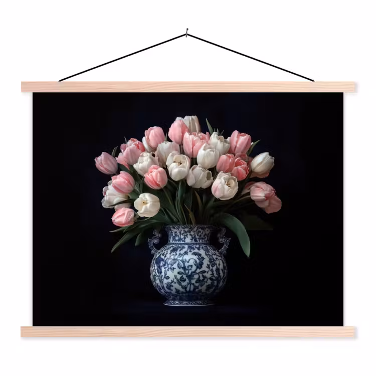 Bloemen - Roze - Tulpen - Vaas textielposter latten blank klein -3d