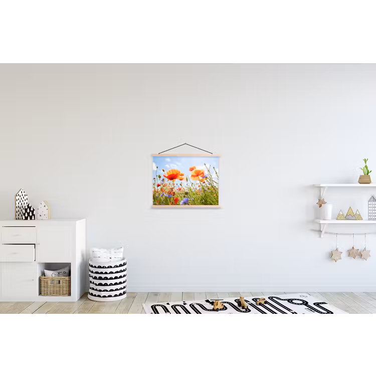Bloemen - Klaproos - Lente - Natuur - Rood - Blauw textielposter latten blank klein -kinderkamer