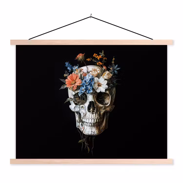 Bloemen - Schedel - Kleurrijk textielposter latten blank klein -3d
