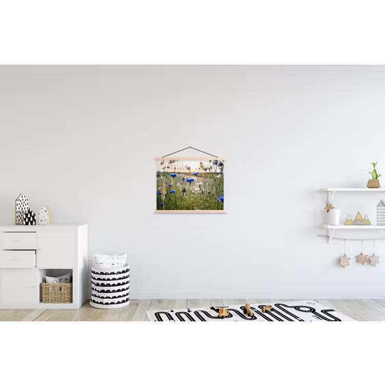 Bloemen - Zomer - Korenbloem - Blauw - Zon - Wolken textielposter latten blank klein -kinderkamer