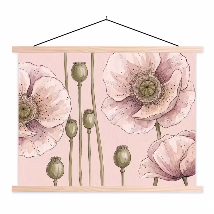 Bloemen - Zomer - Natuur - Aquarel - Roze textielposter latten blank klein -3d