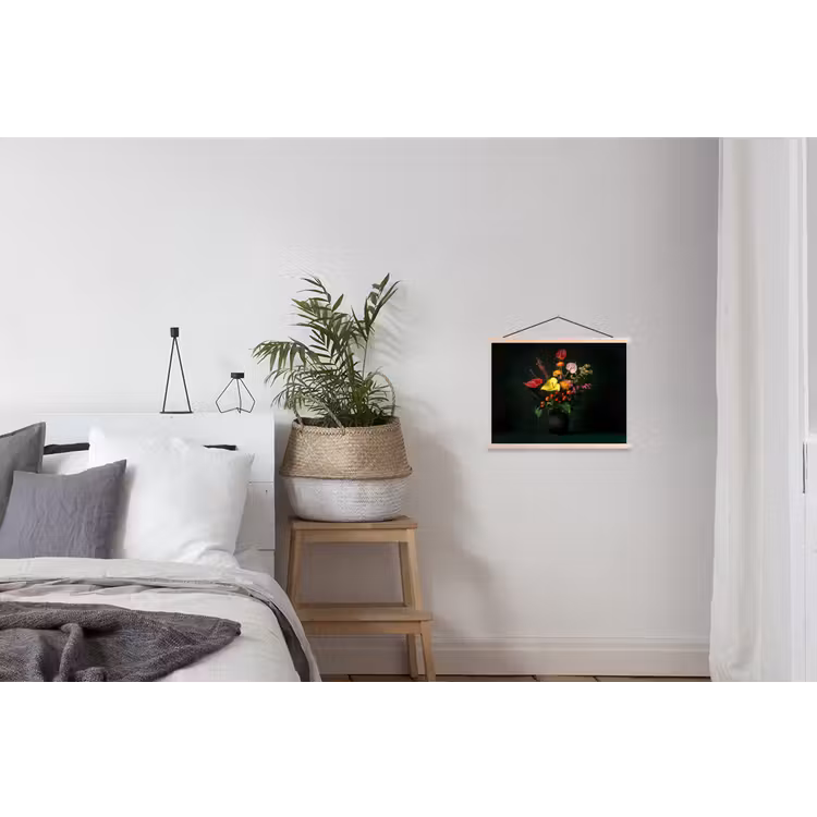 Bloemen - Vaas - Zwart textielposter latten blank klein -woonkamer