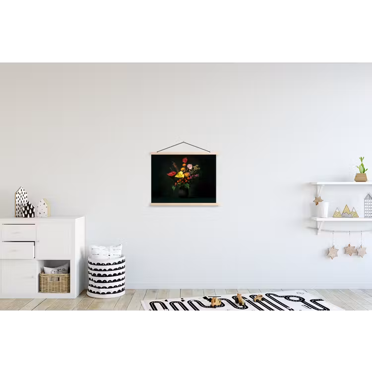 Bloemen - Vaas - Zwart textielposter latten blank klein -kinderkamer