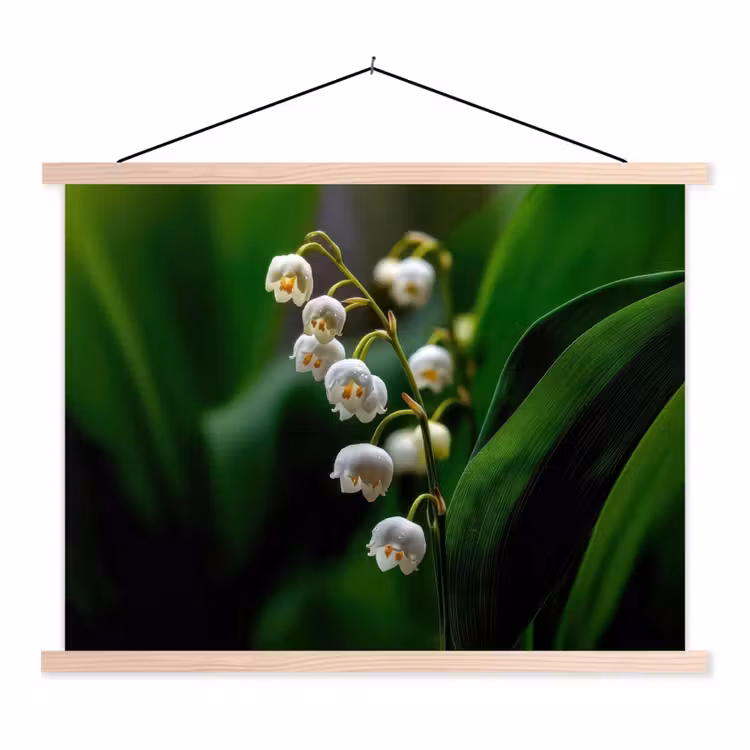 Bloemen - Wit - Bladeren - Lelietjes textielposter latten blank klein -3d