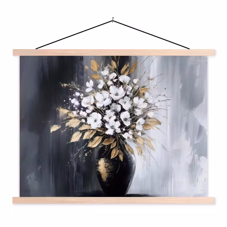 Bloemen - Wit - Vaas - Abstract textielposter latten blank klein -3d