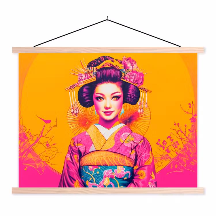 Bloemen - Vrouw - Kimono - Roze textielposter latten blank klein -3d