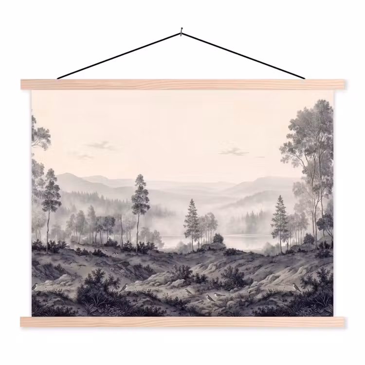 Mistig - Berglandschap - Illustratie textielposter latten blank klein -3d