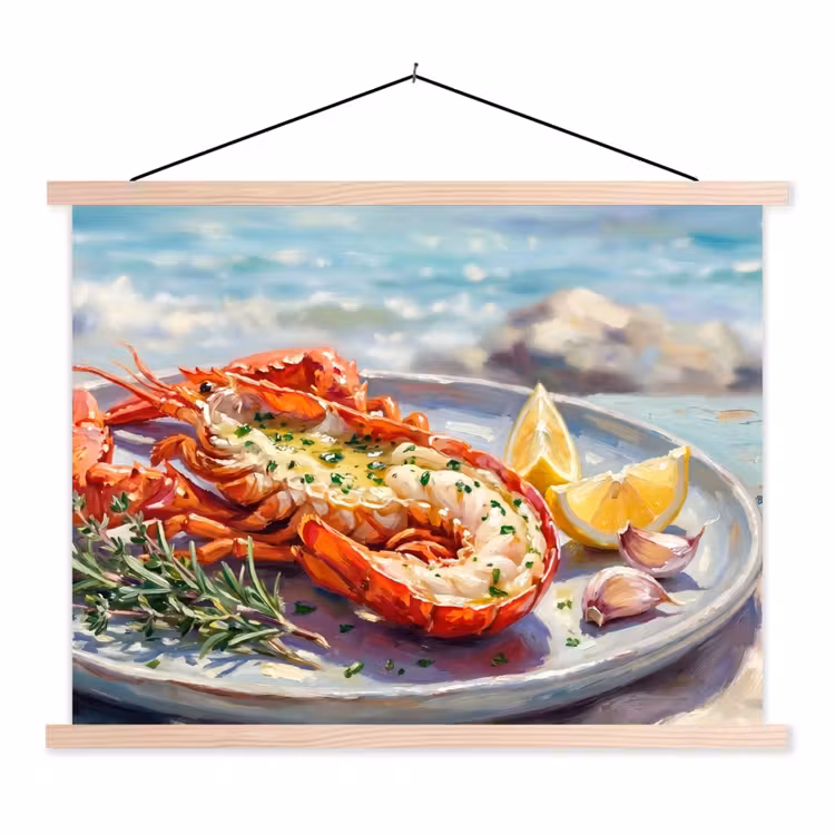 Eten - Zee - Kust - Modern - Blauw textielposter latten blank klein -3d