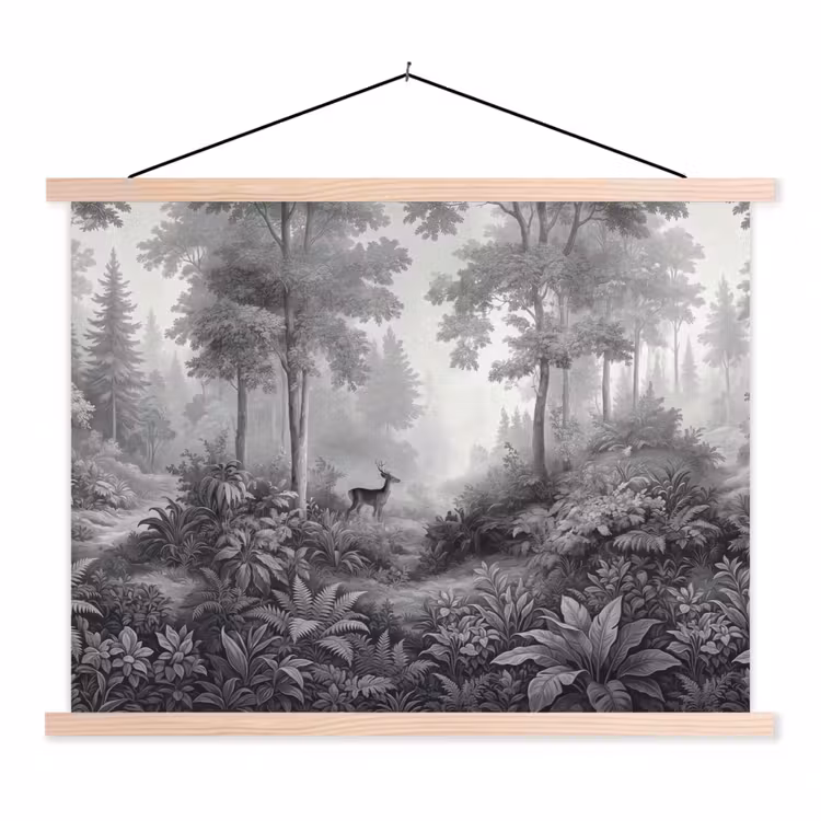 Bos - Hert - Zwart - Wit textielposter latten blank klein -3d