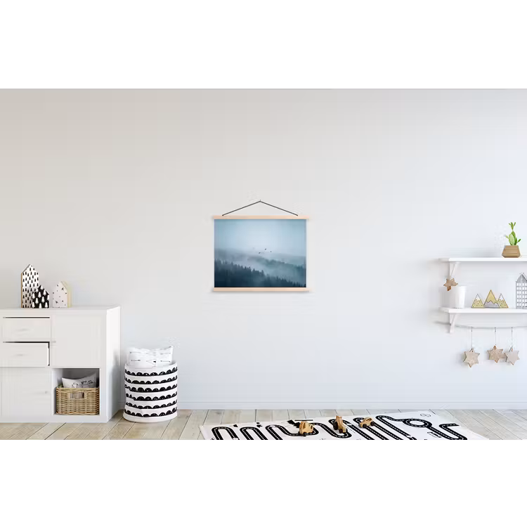 Bos - Mist - Vogels - Natuur - Groen textielposter latten blank klein -kinderkamer