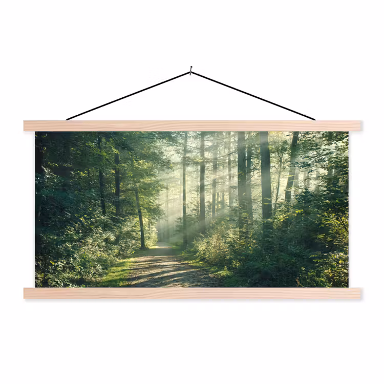 Bos - Pad - Zon - Bomen - Groen - Natuur textielposter latten blank klein -3d