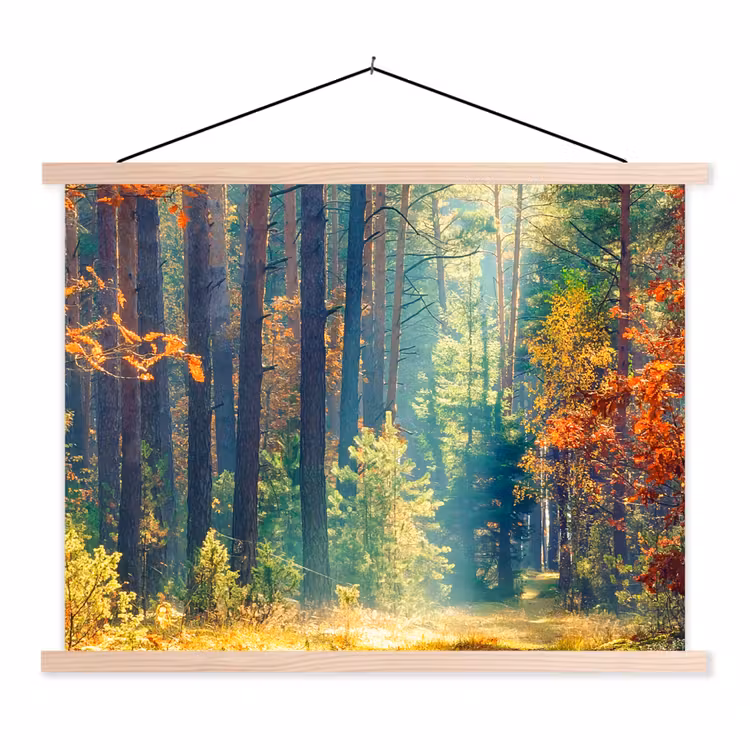 Bos - Zon - Natuur - Herfst textielposter latten blank klein -3d
